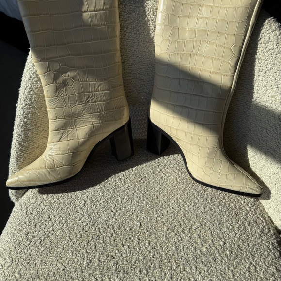 Schutz Maryana Block Crocodile-Embossed Leather Boots in Eggshell - Picture 10 of 14